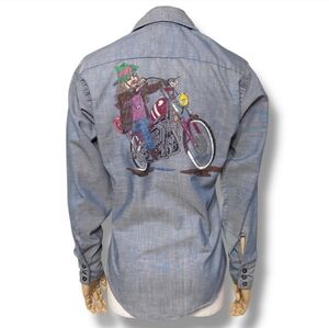 RIVERSIDE Blue Button Front Shirt Contrast Stitching Hand Painted VINTAGE